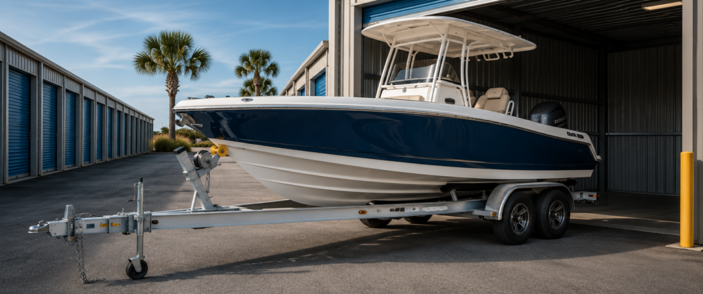 Boat on a trailer parked in front of an enclosed storage unit at a coastal self-storage facility, with blue unit doors and palm trees in the background.