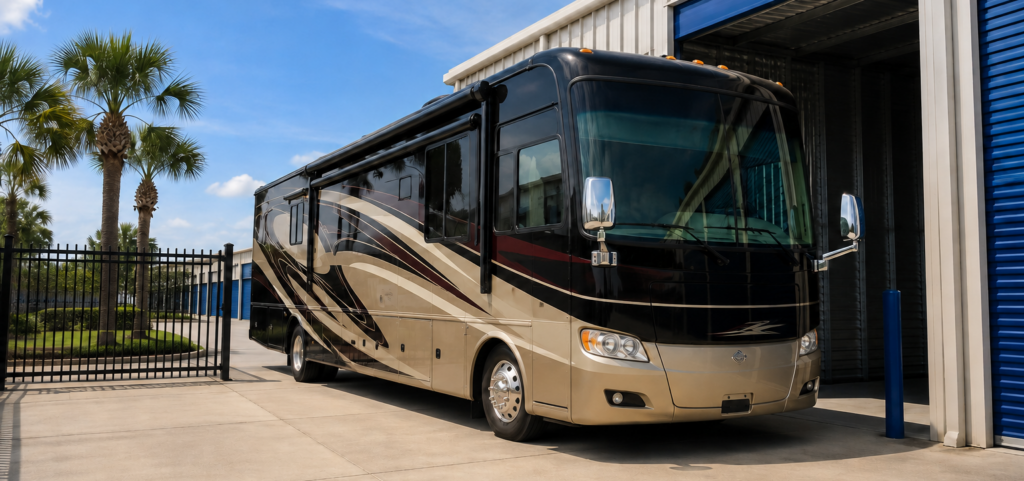 Class A motorhome parked outside a spacious enclosed RV storage unit in Fairhope, Alabama, with a gated fence, blue roll-up doors, and palm trees.