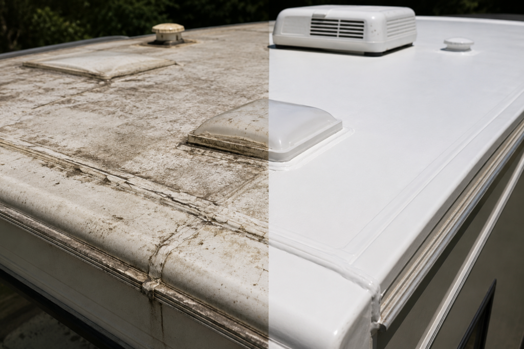 Weathered RV roof damage compared to a protected enclosed RV storage unit in Fairhope, AL