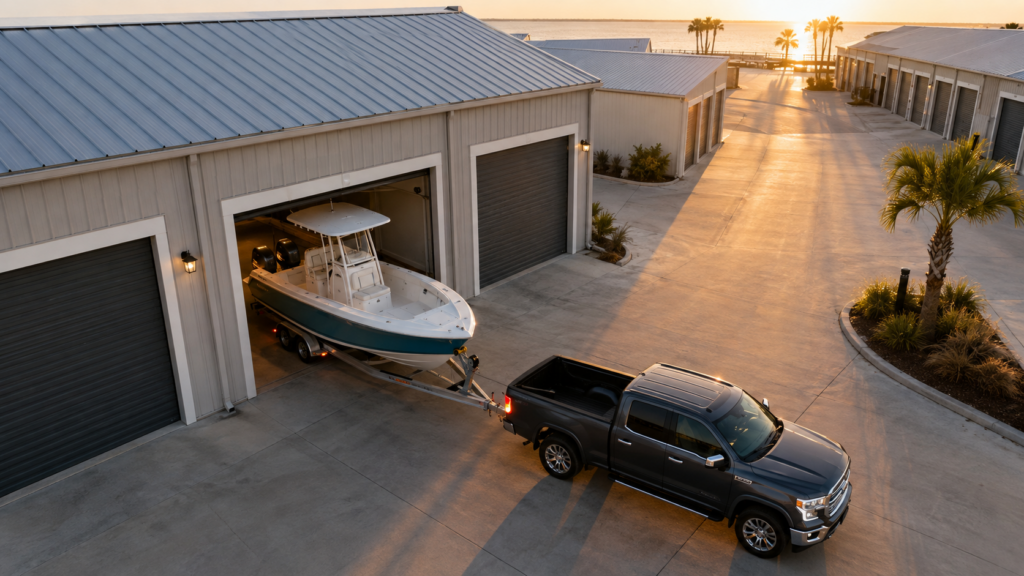 Boat and trailer backing into an enclosed storage unit at a Fairhope, AL storage facility