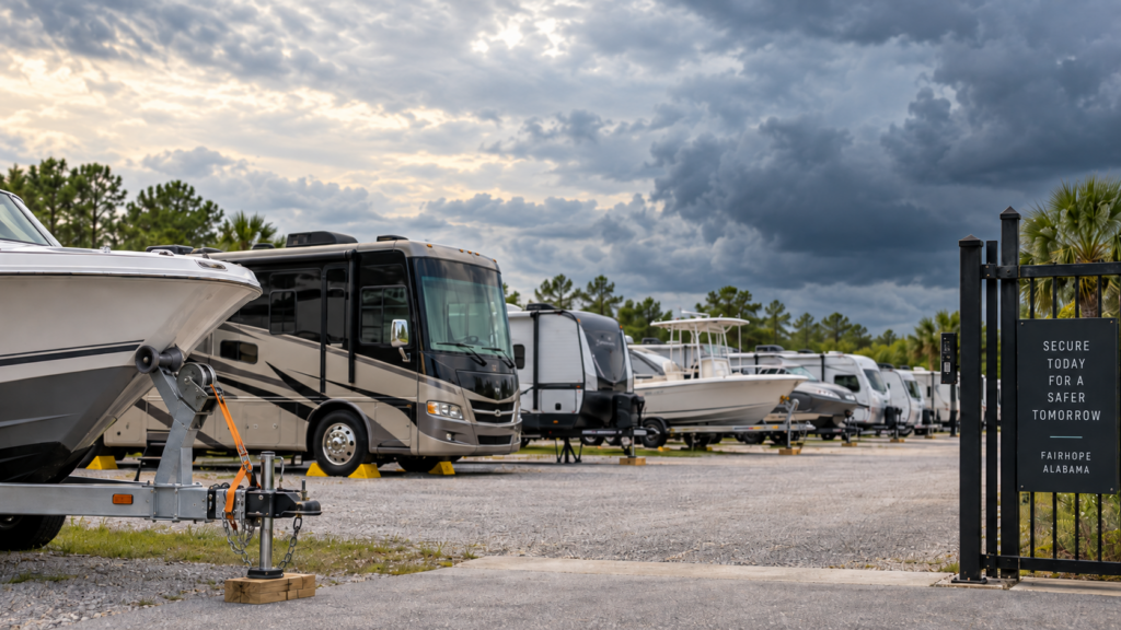 RVs, motorhomes, campers, and boats secured in a gated storage lot in Fairhope, Alabama, under stormy hurricane-season skies.