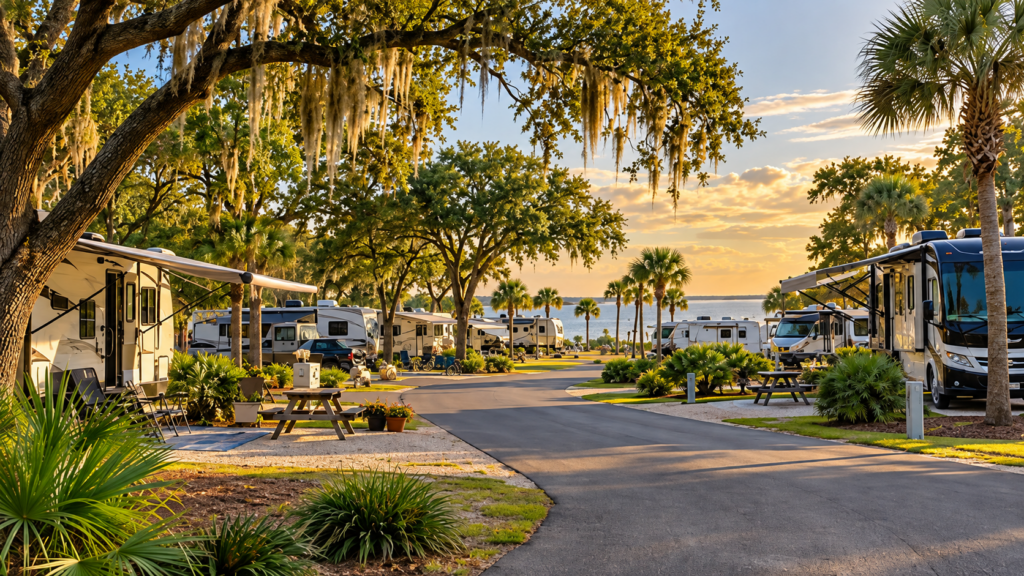 RV campground in Baldwin County, Alabama, with motorhomes and campers beneath live oaks and palm trees near the water.